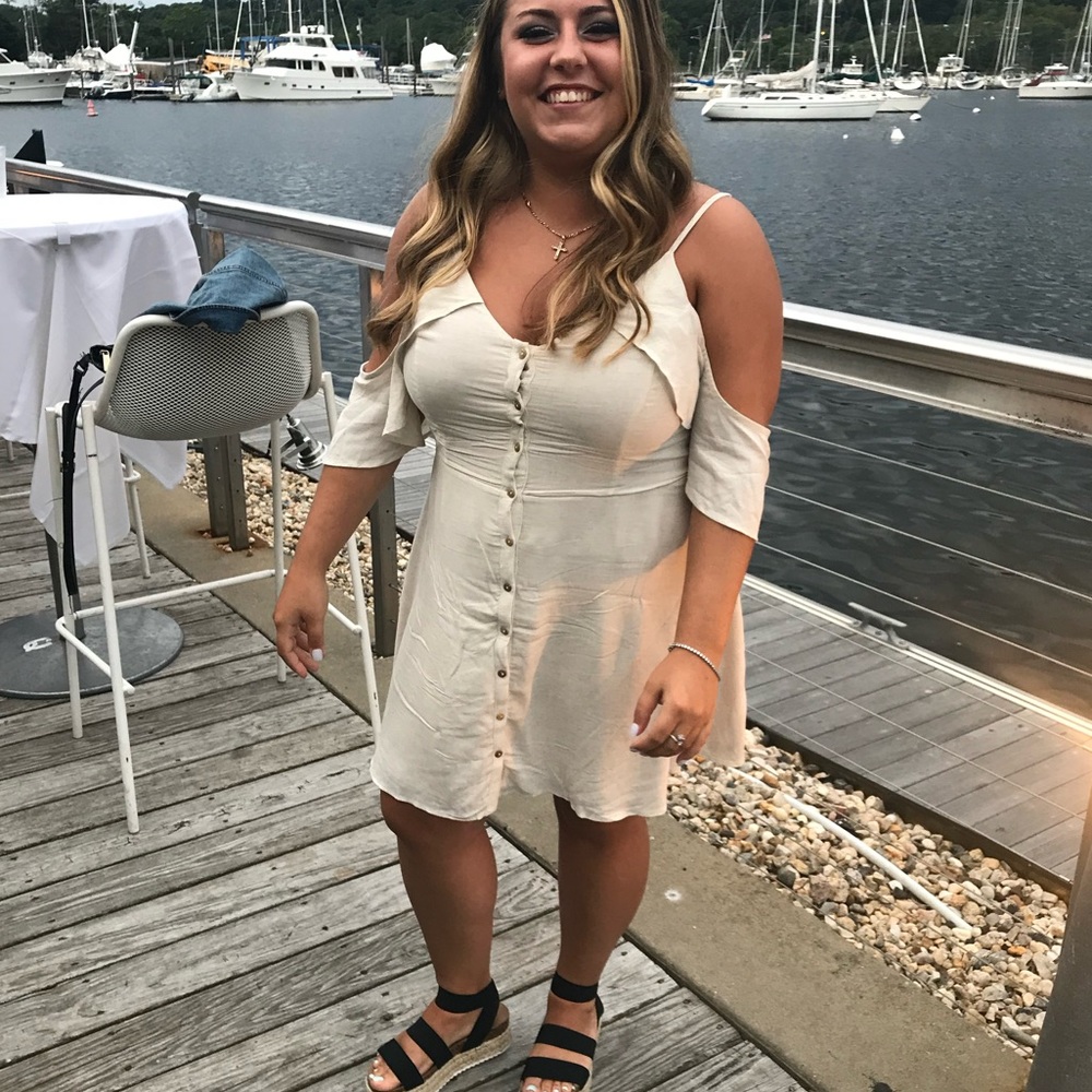 Beige Linen Off The Shoulder Dress